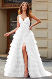A-Line Espaghetti Correias Vestido de Noiva Branco Tiered com Fenda