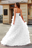 A-Line Espaghetti Correias Vestido de Noiva Branco Tiered com Fenda