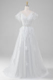 Rhinestones Accents Espartilho Branco Vestido de Noiva com Apliques