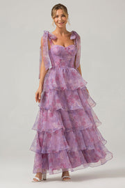 Uma linha roxa estampada Tiered Tea-Length Long Prom Dress