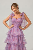 Uma linha roxa estampada Tiered Tea-Length Long Prom Dress