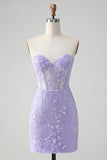Espartilho Lilás Sequins Querida Bordado Curto Vestido Homecoming com Renda Costas