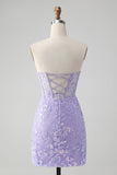 Espartilho Lilás Sequins Querida Bordado Curto Vestido Homecoming com Renda Costas