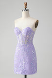 Espartilho Lilás Sequins Querida Bordado Curto Vestido Homecoming com Renda Costas