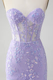 Espartilho Lilás Sequins Querida Bordado Curto Vestido Homecoming com Renda Costas