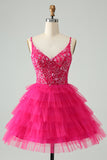 Hot Pink Uma Linha Esparguete Correias Tule Tiered Vestido Curto Homecoming