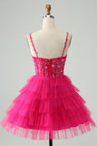 Hot Pink Uma Linha Esparguete Correias Tule Tiered Vestido Curto Homecoming