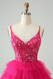 Hot Pink Uma Linha Esparguete Correias Tule Tiered Vestido Curto Homecoming