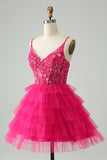 Hot Pink Uma Linha Esparguete Correias Tule Tiered Vestido Curto Homecoming
