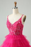 Hot Pink Uma Linha Esparguete Correias Tule Tiered Vestido Curto Homecoming