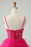 Hot Pink Uma Linha Esparguete Correias Tule Tiered Vestido Curto Homecoming