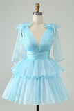 Sky Blue A Line V Neck plissado Tiered Short Homecoming Dress