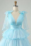 Sky Blue A Line V Neck plissado Tiered Short Homecoming Dress