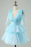 Sky Blue A Line V Neck plissado Tiered Short Homecoming Dress