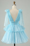 Sky Blue A Line V Neck plissado Tiered Short Homecoming Dress