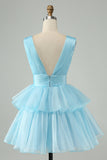 Sky Blue A Line V Neck plissado Tiered Short Homecoming Dress