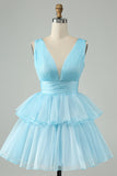 Sky Blue A Line V Neck plissado Tiered Short Homecoming Dress