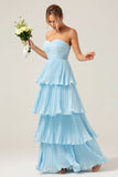 Sky Blue Sweetheart plissado Tiered Long Bridesmaid Dress