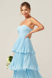 Sky Blue Sweetheart plissado Tiered Long Bridesmaid Dress