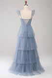 Dusty Blue A Line Tiered Tulle Corset Vestido Madrinha com Fenda