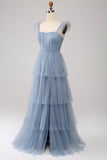 Dusty Blue A Line Tiered Tulle Corset Vestido Madrinha com Fenda