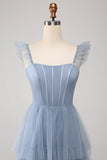 Dusty Blue A Line Tiered Tulle Corset Vestido Madrinha com Fenda