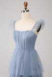 Dusty Blue A Line Tiered Tulle Corset Vestido Madrinha com Fenda