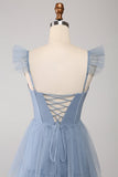 Dusty Blue A Line Tiered Tulle Corset Vestido Madrinha com Fenda