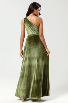 Um ombro uma linha Velvet vestido verde dama de honra com fenda