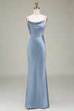 Dusty Blue Sheath Espaghetti Correias Backless Cetim Long Vestido Madrinha