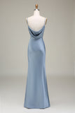 Dusty Blue Sheath Espaghetti Correias Backless Cetim Long Vestido Madrinha