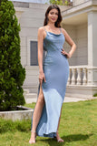 Dusty Blue Sheath Espaghetti Correias Backless Cetim Long Vestido Madrinha