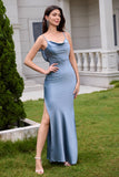 Dusty Blue Sheath Espaghetti Correias Backless Cetim Long Vestido Madrinha