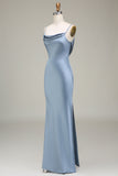 Dusty Blue Sheath Espaghetti Correias Backless Cetim Long Vestido Madrinha