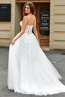 Espartilho Branco A-Line Long Tulle Vestido de Noiva com Fenda
