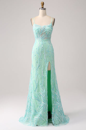 Sereia Verde Esparguete Correias Sequins Long Prom Dress com Fenda
