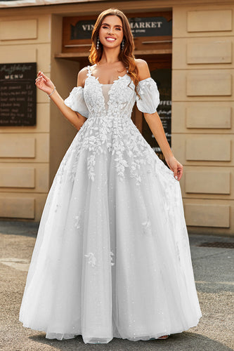Branco A-Line Puff mangas vestido de noiva longo com apliques
