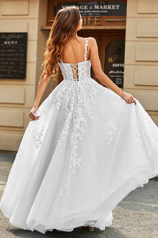 Branco A-Line Puff mangas vestido de noiva longo com apliques
