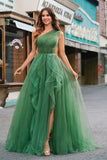 Tule Verde Escuro A-Line One-Shoulder Long Prom Dress com Fenda