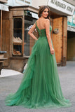 Verde Escuro Tule Linha-A Um Ombro Longo Vestido de Cerimônia