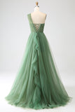 Tule Verde Escuro A-Line One-Shoulder Long Prom Dress com Fenda