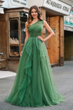 Tule Verde Escuro A-Line One-Shoulder Long Prom Dress com Fenda