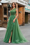 Tule Verde Escuro A-Line One-Shoulder Long Prom Dress com Fenda