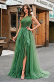 Tule Verde Escuro A-Line One-Shoulder Long Prom Dress com Fenda