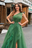 Tule Verde Escuro A-Line One-Shoulder Long Prom Dress com Fenda