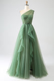 Tule Verde Escuro A-Line One-Shoulder Long Prom Dress com Fenda