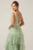 Verde Tiered A Line V-Neck Tulle Long Prom Dress com Fenda