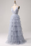 Cinzento Azul Uma Linha Tiered Tulle Backless Long Prom Dress