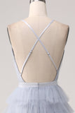 Cinzento Azul Uma Linha Tiered Tulle Backless Long Prom Dress
