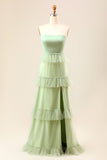 A-Line Strapless Matcha Tiered vestido longo dama de honra com babados